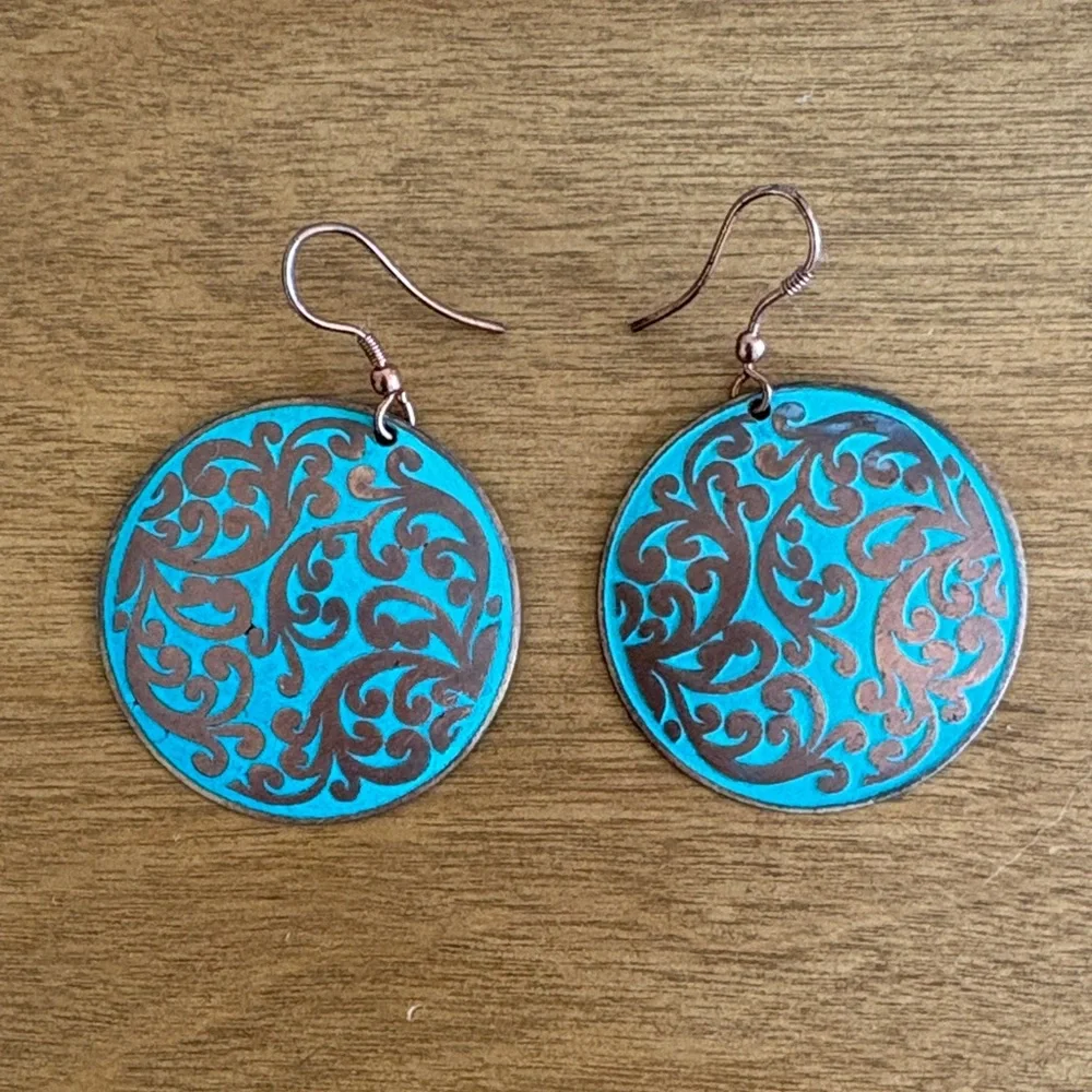 3/$30! Artisan Turquoise and Copper Swirl Earrings